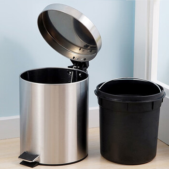庄太太【3L16.7*24.8cm（410不锈钢）】不锈钢砂光拉丝圆形垃圾桶脚踏式有盖办公室卧室防滑厨房垃圾桶