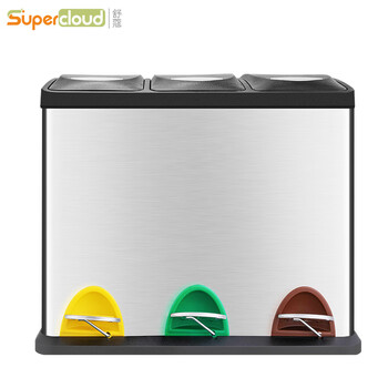 舒蔻（supercloud）分类脚踏不锈钢垃圾桶大号干湿分离厨房脚踩桶酒店商场办公楼方形三分类圾垃桶24L  