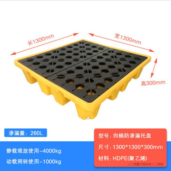 鸣固 防泄漏托盘化学品防漏危废防渗漏托盘防泄露栈板 130*130*30cm 四桶托盘特厚