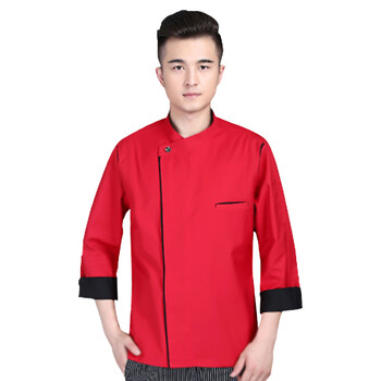 米盛厨师服 酒店饭店餐饮后厨工作服长袖加厚 红色+黑边S码MS-7