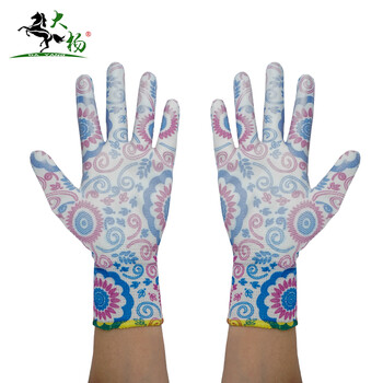 大杨233尼龙印花PU涂层手套女 白底蓝彩花 12双 防滑透气劳保手套