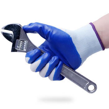 者也 劳保手套加厚胶皮塑胶丁腈防滑手套工地干活工作 白蓝12双