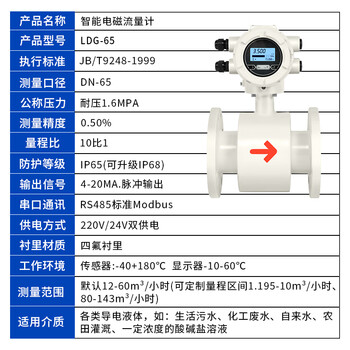 匡建仪表（CONJANT）LDG型一体式电磁流量计 高精度电子传感器数显水流量表白色款 四氟衬里DN65
