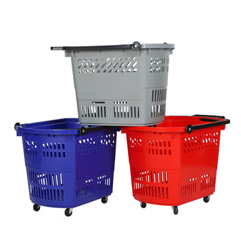 海斯迪克 HKCC15 多功能超市购物篮 拉杆篮带轮便利店筐子买菜篮 中号红色