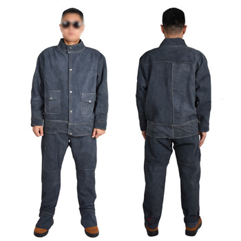鸣固 牛皮电焊工作服焊工耐高温电焊防护服防阻燃隔热焊接皮裤T深蓝色单层全皮上衣XL