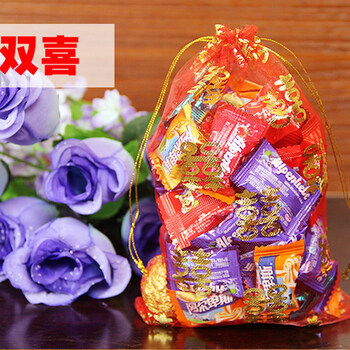 
                                        喜糖袋子 喜糖包装袋 纱袋回礼品袋 喜袋 100个装 百年好合金边 13*18CM(约100个装)                