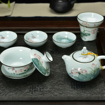 
                                        肖字和德 黑檀木乌金石茶盘茶具套装四合一 花梨实木茶盘 汝窑/冰裂/紫砂/粗陶茶具套装 黑檀万福手绘荷韵4合1                