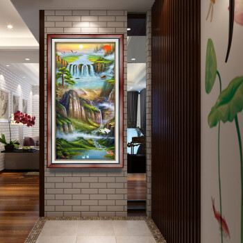 良木山水画 玄关装饰画中式 竖版 风水画 办公室壁画 客厅背景墙画书房 挂画 流水生财国画 A典雅红棕 装裱后75*131厘米