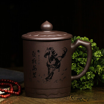 三折宜兴紫砂杯/正品全手工/大茶杯/茶具 盖杯紫泥 马上如意450cc《货到付款》