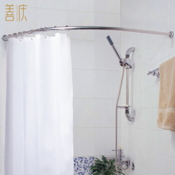 
                                        善庆 浴帘杆浴帘套装弧形浴室帘杆卫生间淋浴房304不锈钢浴帘架l型打孔淋浴帘杆 R20-抛光杆80*90+浴帘+环                
