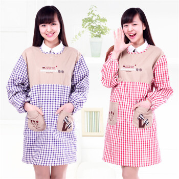 一朵 何以同款 全棉厨房家居服围裙 防污防油 时尚格子罩衣家居 长袖罩衣红色