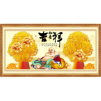 
                                        新款客厅钻石画方钻满钻吉祥如意弥勒佛发财树摇钱树玄关十字绣 横版组合180*75CM                
