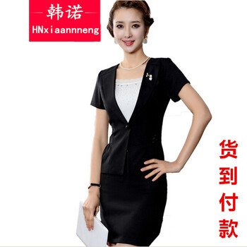 2015新品夏装职业装女装套裙 工作服套装女修身OL白领短袖正装面试装短袖西装外套+半身裙 黑色 XXL