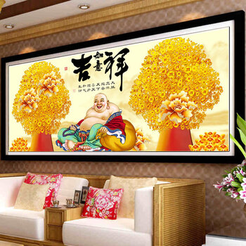 
                                        新款客厅钻石画方钻满钻吉祥如意弥勒佛发财树摇钱树玄关十字绣 横版组合180*75CM                
