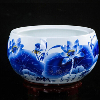 
                                        手绘青花陶瓷鱼缸水浅摆件客厅家居装饰工艺品 连年有余A 中号                