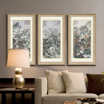 
                                        墙蛙 深山客厅装饰画山水画国画办公室挂画中式沙发背景墙画壁画 洪水发 ABC一套 素雅木纹画框 外框尺寸48cm*88cm                