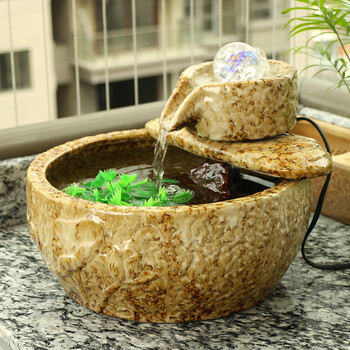 
                                        聚宝盆 陶瓷荷叶缸 花釉家居装饰品流水摆设 石磨鱼缸摆件 花釉石磨-水晶球                