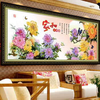 
                                        悠趣 手工绣丝带绣套件 大幅客厅装饰挂画 孔雀牡丹图花开富贵 A-293小版170x75CM                