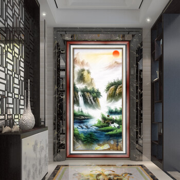 良木山水画 玄关装饰画中式 竖版 风水画 办公室壁画 客厅背景墙画书房 挂画 流水生财国画 A典雅红棕 装裱后75*131厘米