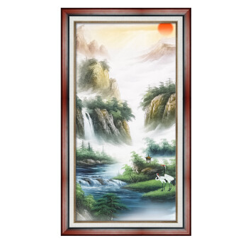 良木山水画 玄关装饰画中式 竖版 风水画 办公室壁画 客厅背景墙画书房 挂画 流水生财国画 A典雅红棕 装裱后75*131厘米