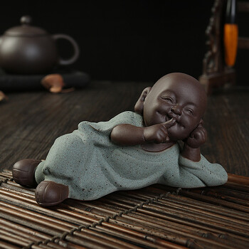 三不小沙弥 茶宠摆件紫砂小和尚彩砂陶瓷 手工茶道茶具配件 卧躺不说