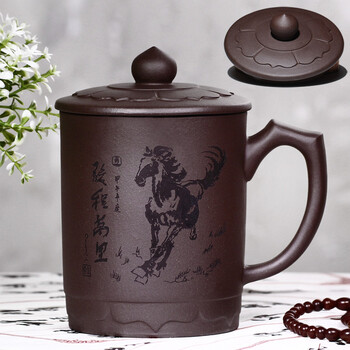 三折宜兴紫砂杯/正品全手工/大茶杯/茶具 盖杯紫泥 马上如意450cc《货到付款》