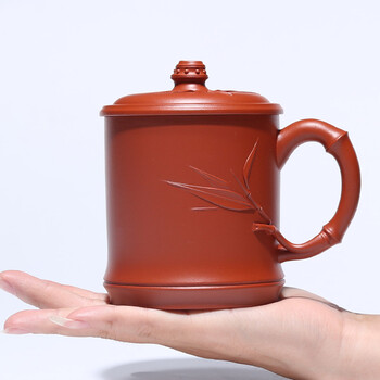 宜兴紫砂杯带盖杯子茶杯礼品杯高档老板杯 全手工纯真金黄朱泥节节高升杯