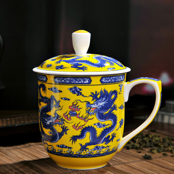 
                                        【敬瓷坊】景德镇陶瓷器 带盖茶杯 办公室骨瓷泡茶杯 850ML大容量会议水杯送礼品盒装 CB-双龙祥云                