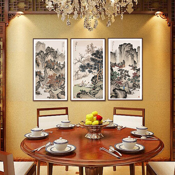 
                                        凝美 现代装饰画有框画中式风格壁画客厅沙发背景墙三联画玄关书房挂画 高山流水觅知音 三联套 25*50cm实木有框画35mm厚                