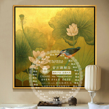 
                                        驿尚东南亚泰式油画手绘装饰画金箔画客厅玄关壁炉抽象画壁画挂画荷花荷叶画走廊喷绘画 黄色 90*90                