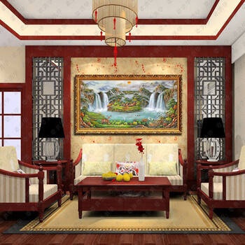 欧美华手绘油画聚宝盆山水风景客厅装饰画有框画酒店左右逢源风水画 5号框6厘米 其他尺寸定制代拍