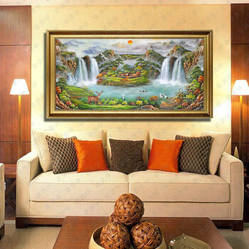 欧美华手绘油画聚宝盆山水风景客厅装饰画有框画酒店左右逢源风水画 5号框6厘米 其他尺寸定制代拍