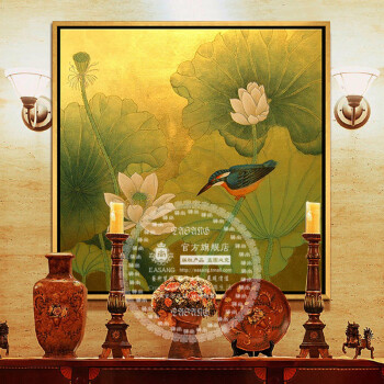 
                                        驿尚东南亚泰式油画手绘装饰画金箔画客厅玄关壁炉抽象画壁画挂画荷花荷叶画走廊喷绘画 黄色 90*90                