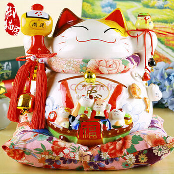 
                                        枫洁 招财猫摆件 特超大号陶瓷日本招财猫储蓄罐 存钱罐 开业创意礼品 07#经典红色(配饰)                