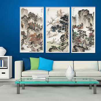 
                                        凝美 现代装饰画有框画中式风格壁画客厅沙发背景墙三联画玄关书房挂画 高山流水觅知音 三联套 25*50cm实木有框画35mm厚                