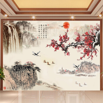 米优江南风景画墙纸3d立体无缝壁画电视背景墙壁纸中式古典水墨画梅花