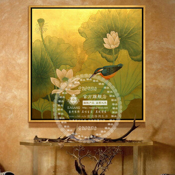 
                                        驿尚东南亚泰式油画手绘装饰画金箔画客厅玄关壁炉抽象画壁画挂画荷花荷叶画走廊喷绘画 黄色 90*90                