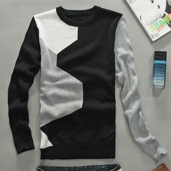 圆领不规则拼图男装韩版个性<em>男厚毛衣</em> <em>黑色</em> L