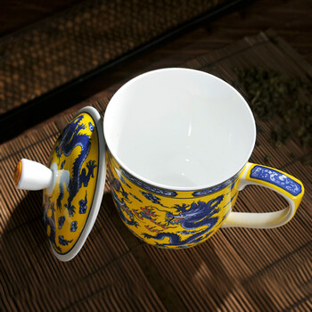 
                                        【敬瓷坊】景德镇陶瓷器 带盖茶杯 办公室骨瓷泡茶杯 850ML大容量会议水杯送礼品盒装 CB-双龙祥云                