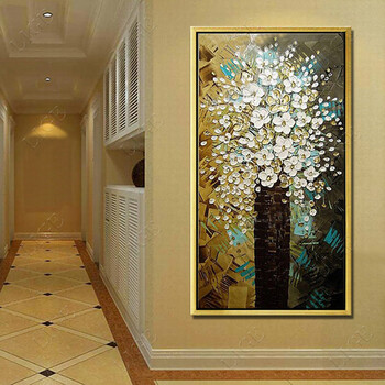 
                                        利格 玄关装饰画现代有框挂画竖版纯手绘油画欧式花卉立体画客厅壁画 发财树 现货 聚宝盆发财树+金色L框 含框100*190厘米                