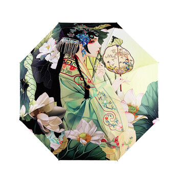 
                                        拾锦古风少女中国风古典创意太阳伞银胶布涂层防紫外线遮阳伞防晒晴雨伞女士三折花雨伞T661                