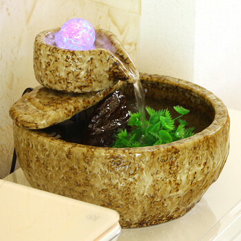 
                                        聚宝盆 陶瓷荷叶缸 花釉家居装饰品流水摆设 石磨鱼缸摆件 花釉石磨-水晶球                
