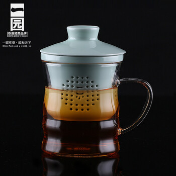 
                                        一园国际 办公茶杯 影青竹韵杯 陶瓷过滤耐热玻璃杯身杯身泡茶杯家用  礼盒包装 350ML                