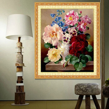 皇室珍品蒙娜丽莎十字绣花瓶红玫瑰风景花卉油画风格春娇百媚新款客厅画 3股绣 丝线大版 全绣 绣布尺寸 60x70厘米