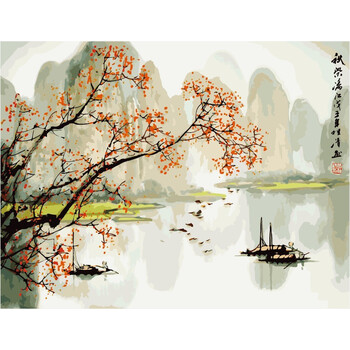 水墨diy数字油画 山水风景花卉人物客厅卧室装饰油彩画 秋染丽江sn