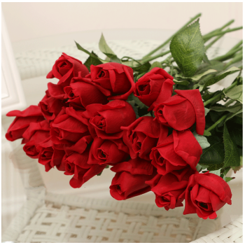 仿真手感保湿玫瑰花束套装假花绢花客厅婚庆装饰摆设 花苞艳红色(10枝