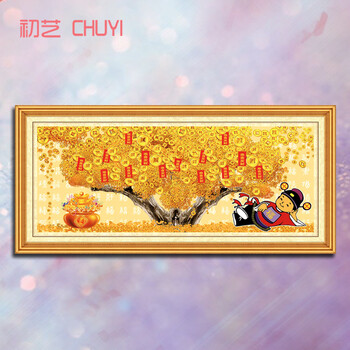 初艺 新款5D魔方钻石画客厅发财树摇钱树财神到财源广进图砖石秀大幅免烫水钻圆钻粘贴钻十字绣 魔方钻发财树 尺寸160X70cm