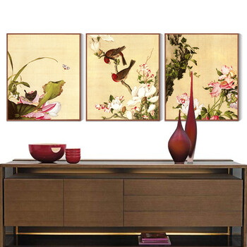 
                                        格丽客厅装饰画中式有框画 郎世宁花鸟画 客厅背景画玄关壁画餐厅挂画新中式别墅喷绘画墙画 花鸟系列一组合 50*70cm                