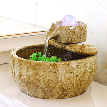 
                                        聚宝盆 陶瓷荷叶缸 花釉家居装饰品流水摆设 石磨鱼缸摆件 花釉石磨-水晶球                
