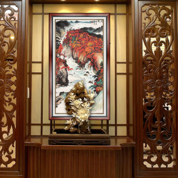 良木山水画 玄关装饰画中式 竖版 风水画 办公室壁画 客厅背景墙画书房 挂画 流水生财国画 A典雅红棕 装裱后75*131厘米
